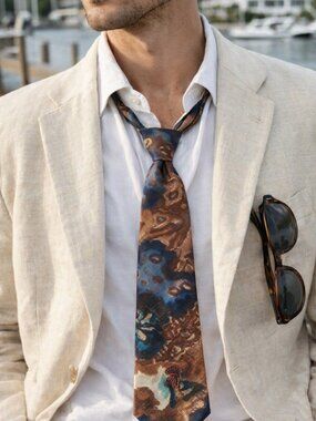 Countess Mara for Jacobson’s Silk Tie Brown Blue Abstract Embroidered Mono